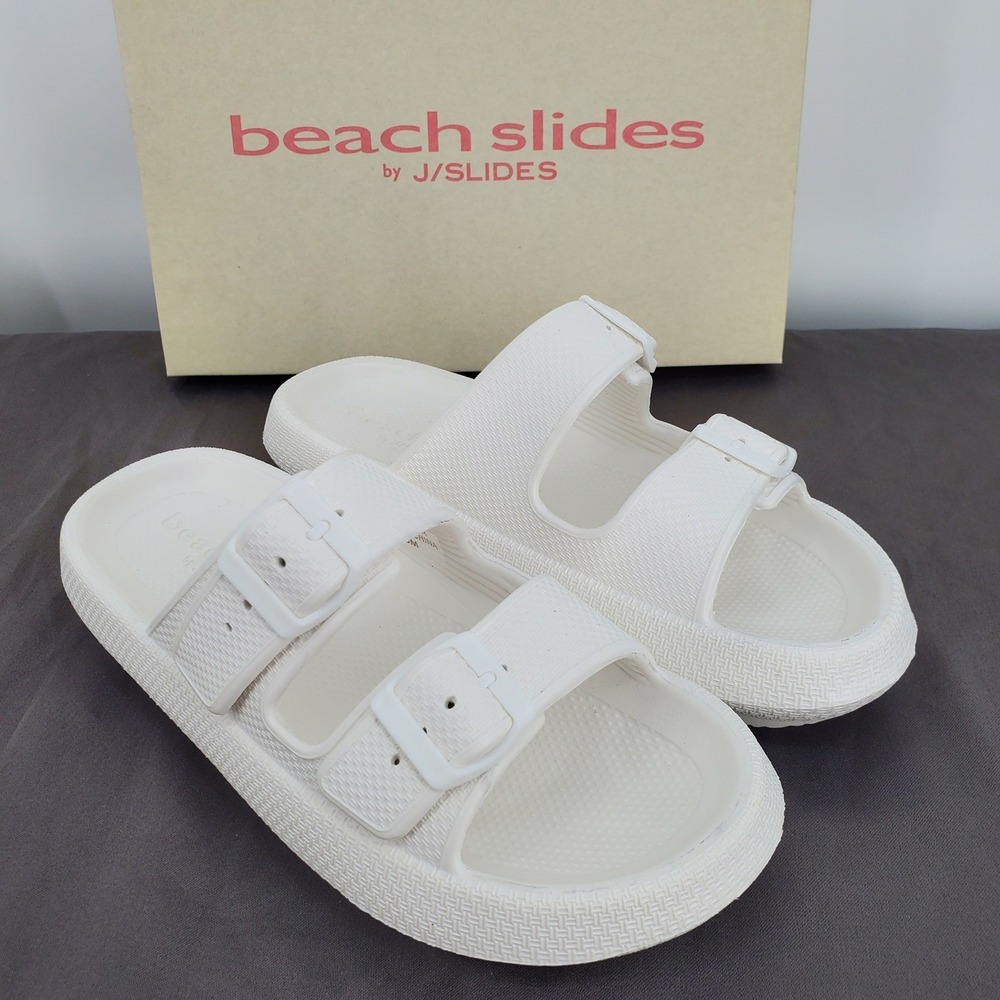 J SLIDES Beach Slides SOCOOL White EVA Double Buckle Platform Sandals Womens 8M